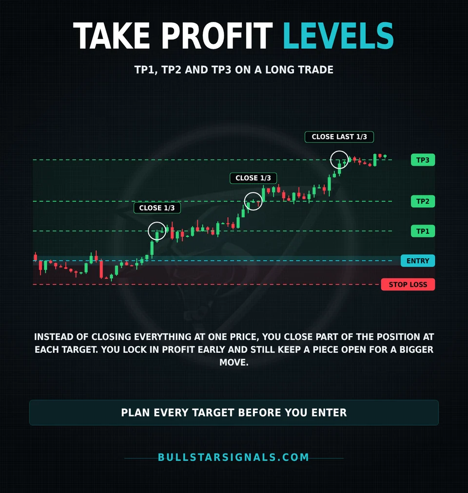 Take profit levels TP1, TP2 and TP3 on a long crypto trade, closing one third of the position at each target