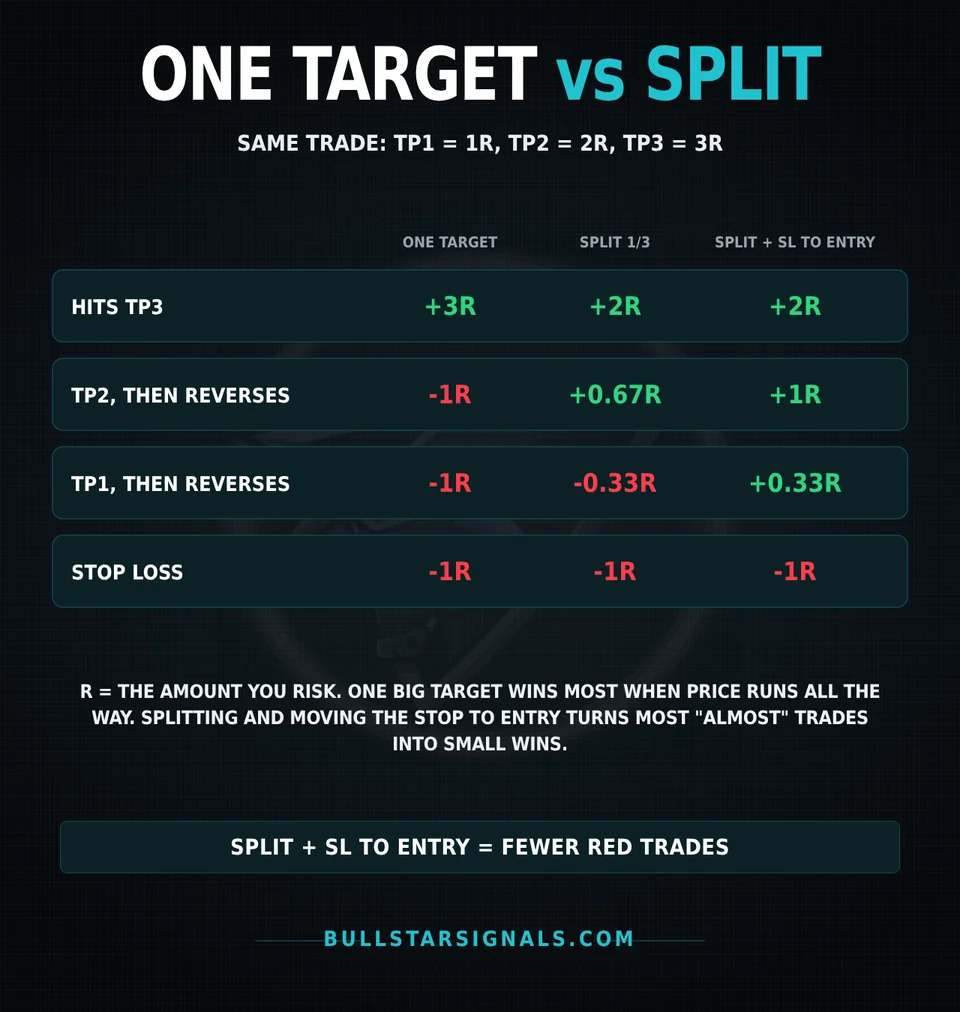 One take profit target vs split targets: results in R for TP3, TP2 then reversal, TP1 then reversal and stop loss