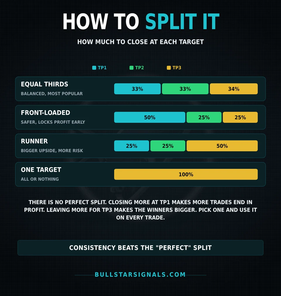 Take profit split strategies: equal thirds, front-loaded, runner and one target
