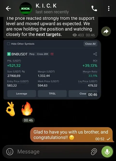 Member VIP signal result: BNBUSDT, +39.13% ROI