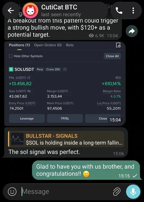 Member VIP signal result: SOLUSDT, +610.14% ROI